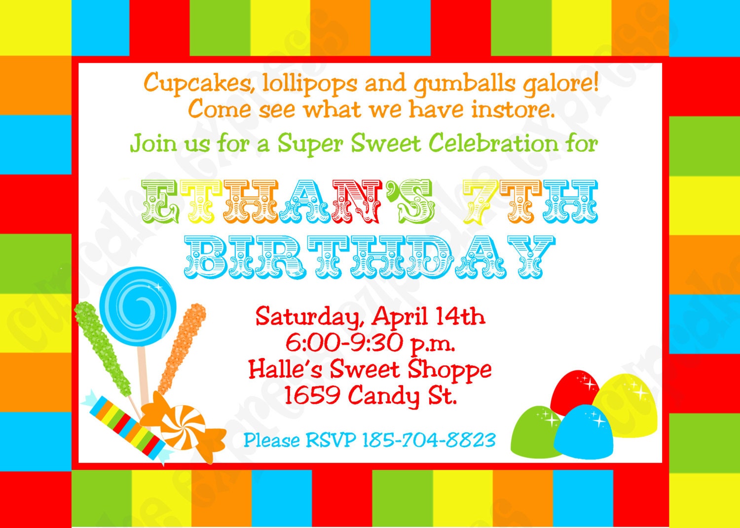 DIY Candy Shoppe Boy 3 Birthday Party PRINTABLE Invitation 5x7 4x6 lollipops gumdrops Personalized Il_570xn