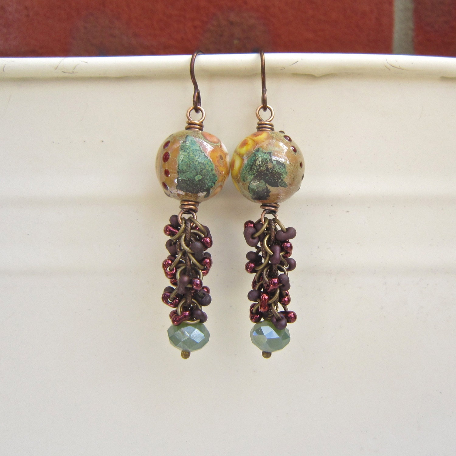 Beaded  earrings, bronze  earrings, Lampwork earrings,