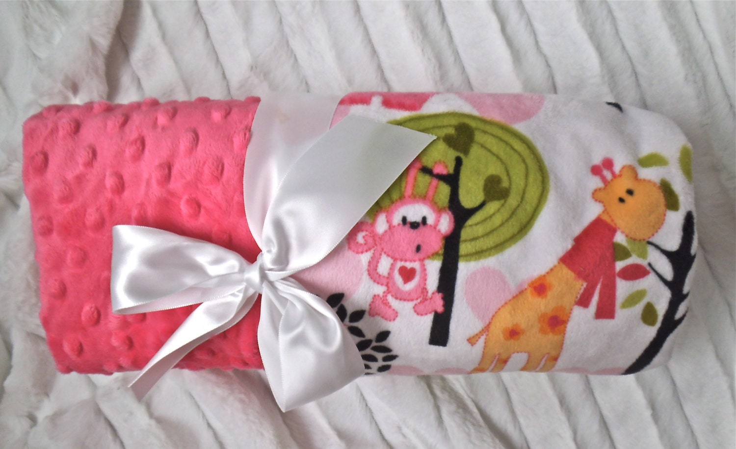 Minky Baby Blanket -  Monogrammed  Hot Pink Animals - Giraffe, Elephant, Monkey, Owl - Personalized