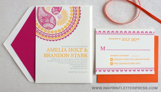 Letterpress Hindu Indian Morrocan Pink and Yellow Wedding Invitation
