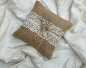 Hessian Ring Cushion Burlap ring bearer pillow with cream lace wedding pillow