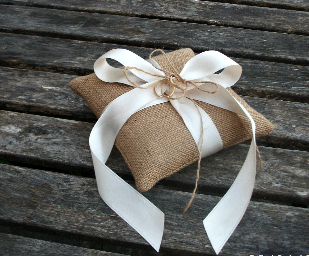 Burlap/Hessian Rustic wedding Ring Bearer Pillow/Cushion with champagne ribbon bow  - 6 x 6 inches