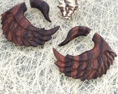 Fake Gauge Earrings -- 1 Pair Tiger Wood - Elegant Winged Goth Swan Circles - Hand Carved Earrings - (By Fake Gauge Organics)