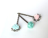 Turquoise Hair pins, Teal Hair Pins, Pink hair pins, resin, rose, Set of 3, bobby pins, Resin flower jewelry,