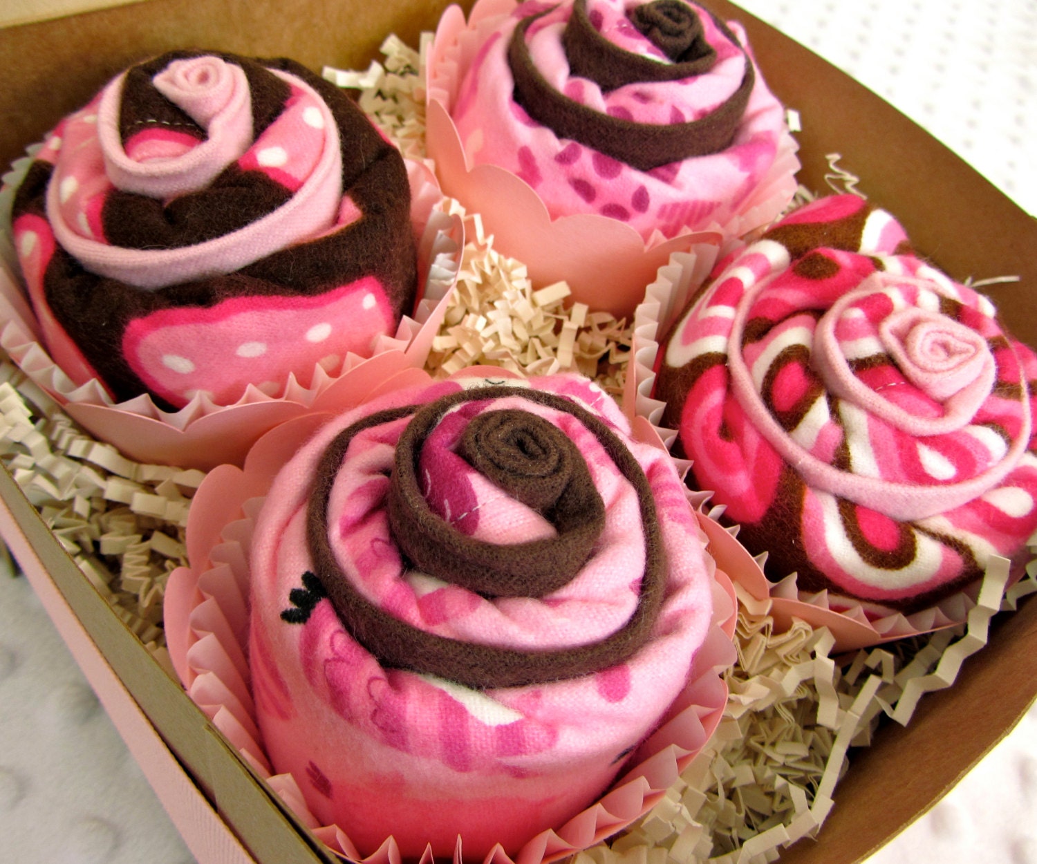 Baby Girl Gift Set, Cupcake Burp Cloths Pink and Chocolate Owls