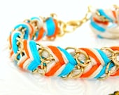 Neon Turquoise, Neon Tangerine & Neutral - Chevron Braided Modern Friendship Bracelet - Gold Chain