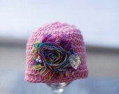 Girl's Valentine Crochet Pink and WHite Beanie  - Ready to Ship newborn size