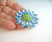Rhinestone Daisy Flower Pin / Signed Pell / Aqua & Light Green / 1960s Jewelry