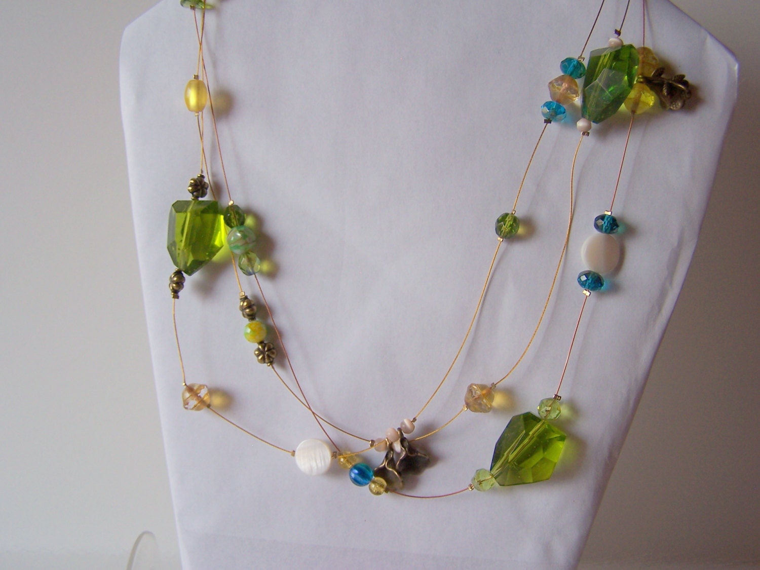 green, yellow, handmade beaded necklace, green, yellow ,bronze and blue accents, 3 strands floating wire necklace,nature,