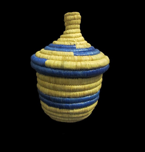 Natural and Blue Hand Woven Basket
