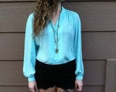 Turquoise Sky Blue Sheer Button up Blouse Size Large