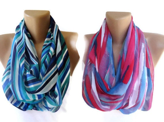 infinity scarves, TWO , loop women scarves, chevron scarf, neon colors, pink purple blue white , colorful, trendy scarves