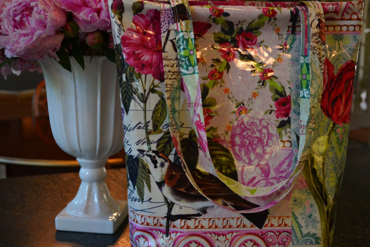 Market Tote Shopping Bag Diaper Bag in Laminated Floral and Bird "Cottage Chic"