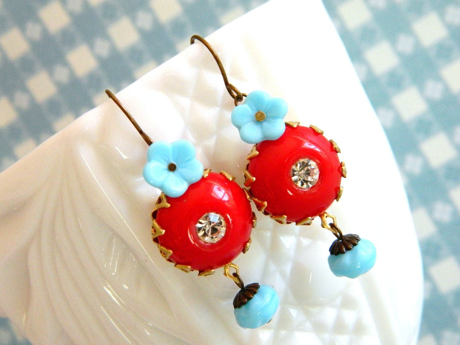 Red & Aqua Earrings, Retro Earrings, Cherry Red, Aqua Blue, Vintage Earrings, Pinup Earrings, Retro Vintage Jewelry, Summer Earrings