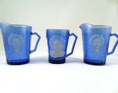 Vintage Shirley Temple Two Pitchers and Mug Cobalt Blue Glass Set