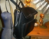 Giant Suede Lined Leather Vintage Black Back Pack .Cut Out Design Flap .Long straps. Messenger Bag.Purse.handle strap.Coach Like style Purse
