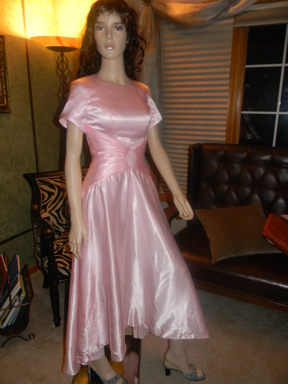 Hollywood  Regency Liqued Satin Gown. Chantilly Pink Dress. Starlett 1940s Gown.Twirl Dress. Pearl sash .Kate Hepburn .Wedding.Haute Couture