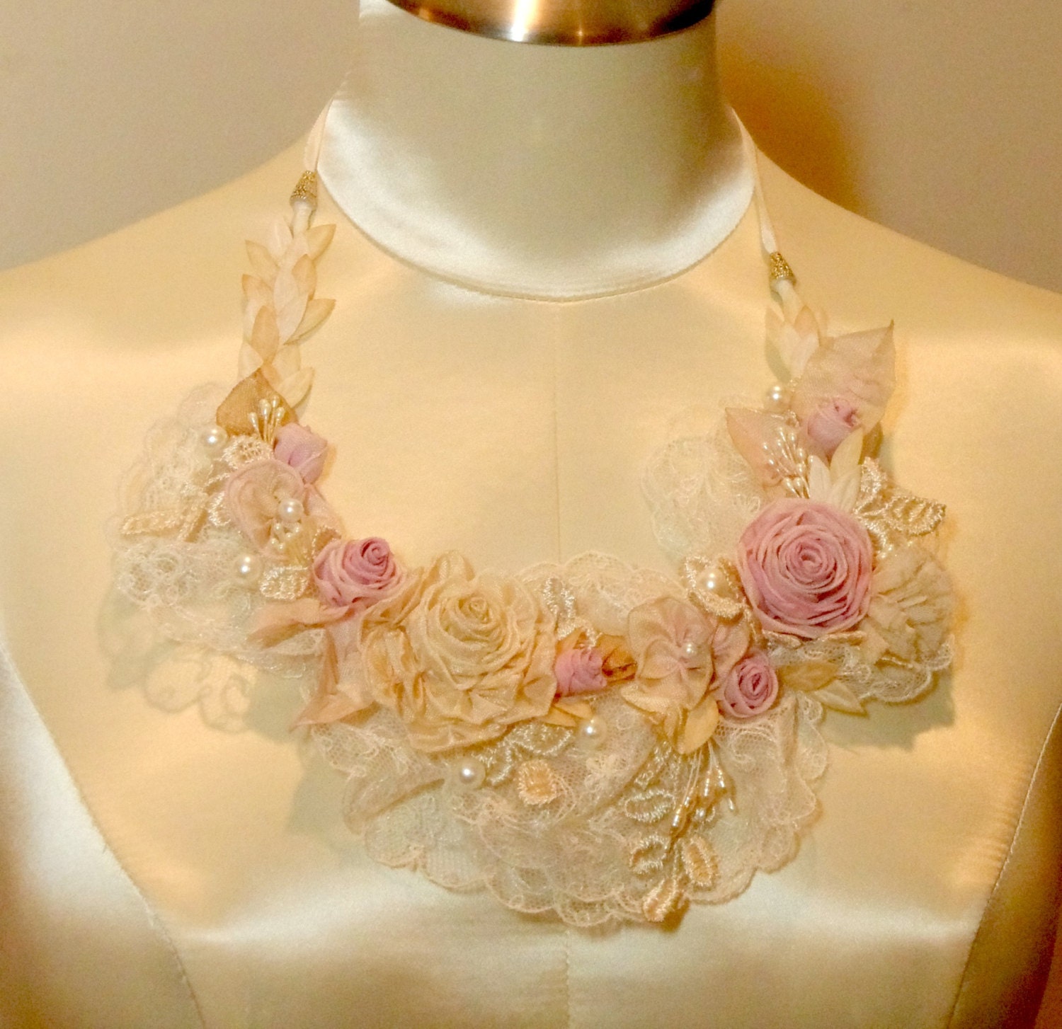 Ribbon Work Roses on Lace Pink and Cream  Roses Marie Antoinette