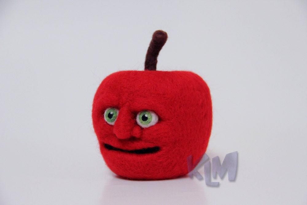 Red Apple Needle Felted Wool 4" Fall Felt Fruit with a Face - Kitchen Decor School Teacher OOAK