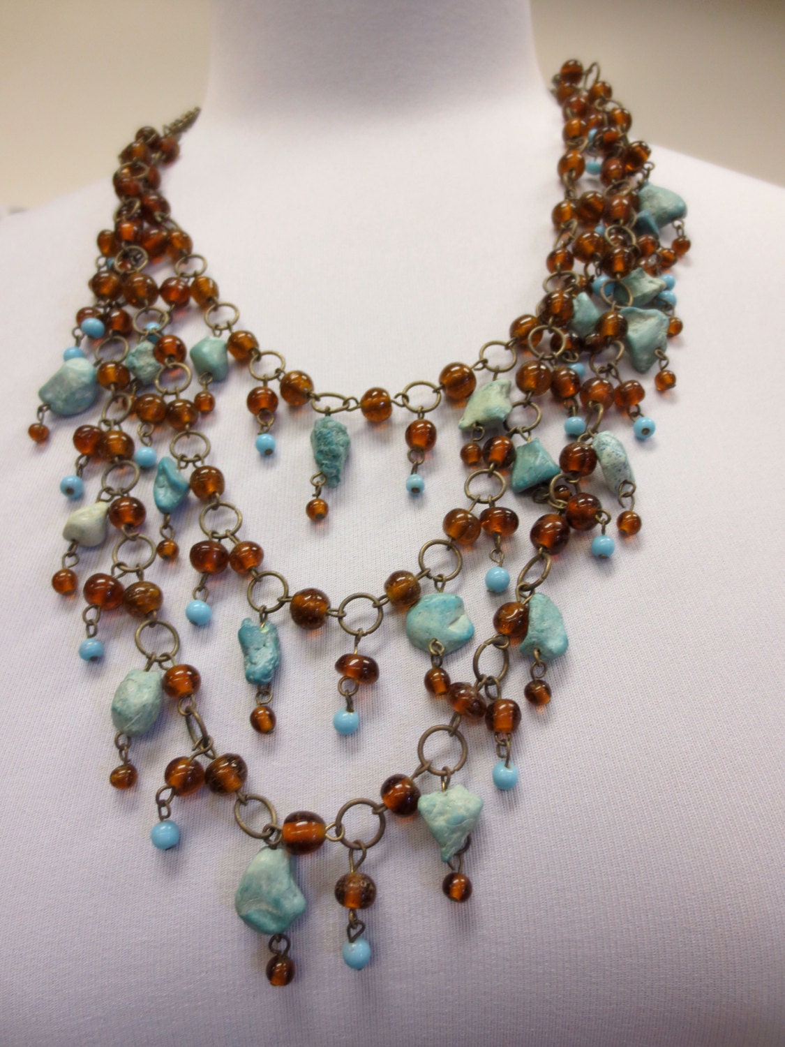 Gorgeous  Bohemian 3 Strand Glass Bead Turquoise Necklace