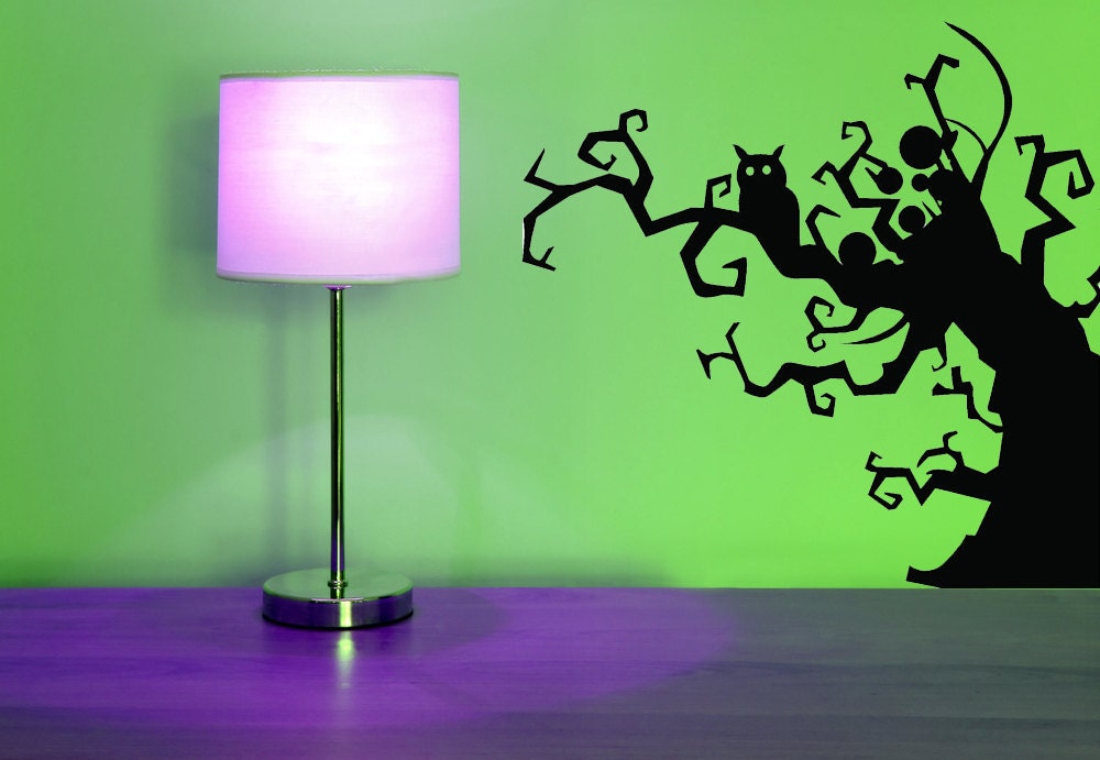 Tree and Bat, Halloween, Swirls - Decal, Vinyl, Sticker, Holiday, Home, Wall Decor
