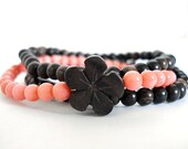 Pink Coral Orchid Bracelet Set, Pink Coral, Wooden Mala Beads, Set of 3 Stackable Bracelets