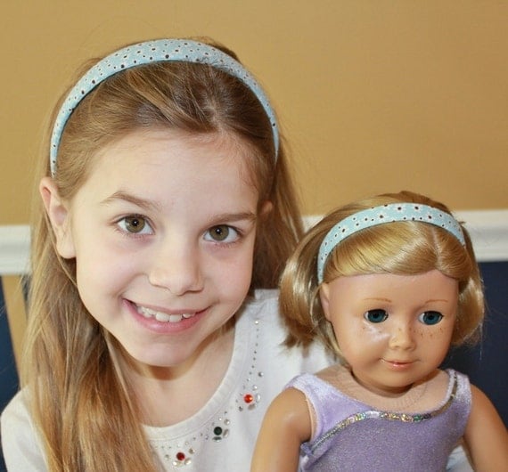 My Doll and Me Matching Headband Set - Light Blue with White Daisies