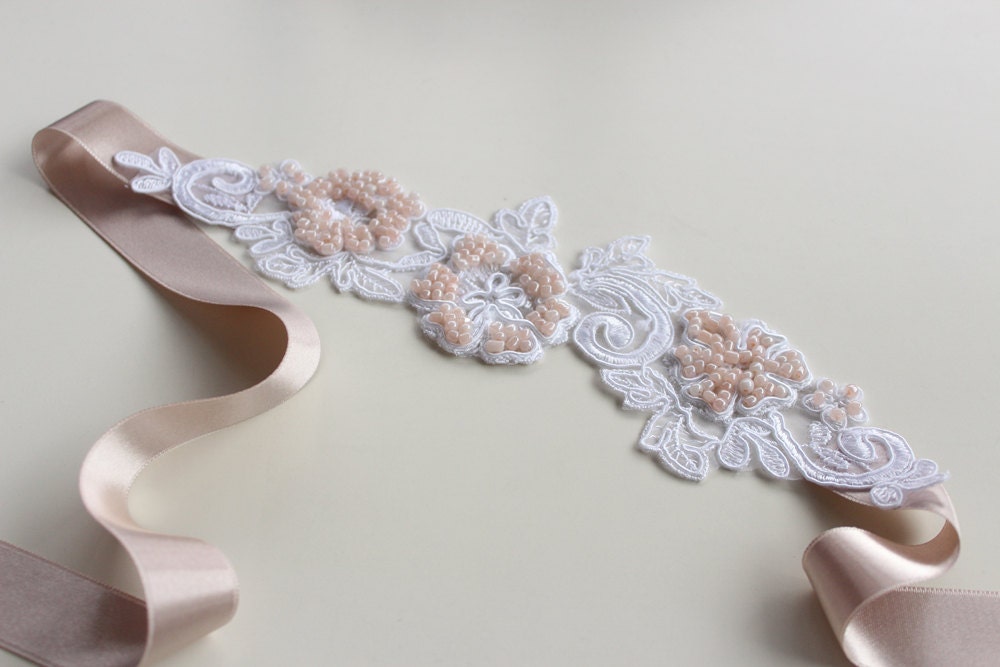 White Venetian Lace Applique Headband with Powder Pink Satin Ribbon Lacings, Pastel Mauve Beaded. Handmade.