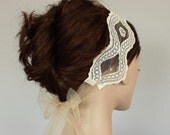 Shabby Chic Bridal Headband Made from Ivory Lace with Romantic Peachy Tan Colored Tulle Sash. Handmade. OOAK