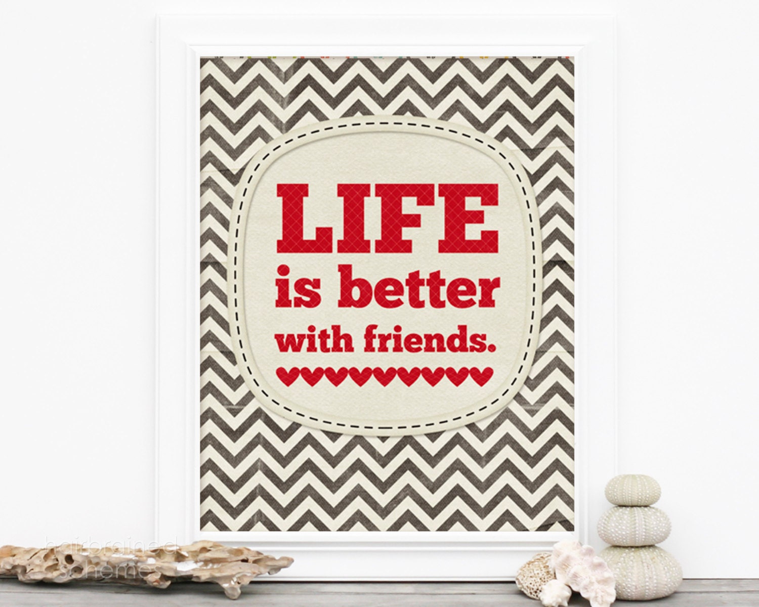 Digital Art Print - Life is Better With Friends - Typography Poster - Gray Chevron Art Gift for Friend