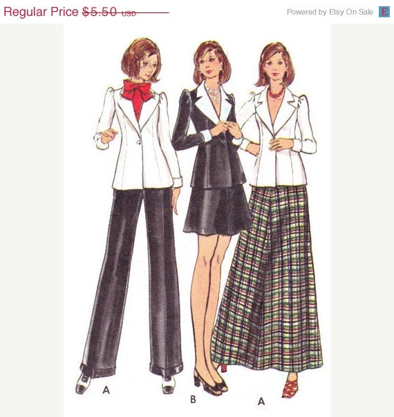 SALE 1970s Vintage Womens Sewing Pattern Butterick 6929 Blazer Jacket Flare Pants Full Length or Mini Skirt Size 12 Bust 34"