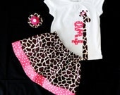 3 piece Baby girl, toddler onesie shirt lanky giraffe, pink birthday number applique, giraffe skirt, and hair bow girl NB - 16