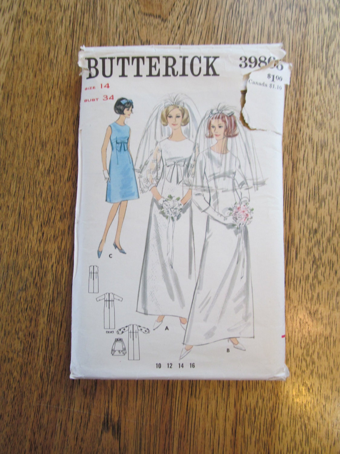 1960s Elegant Mod WEDDING Gown or Bridesmaid Gown and Veil  - Sizes 14 - VINTAGE Sewing Pattern Butterick 3986
