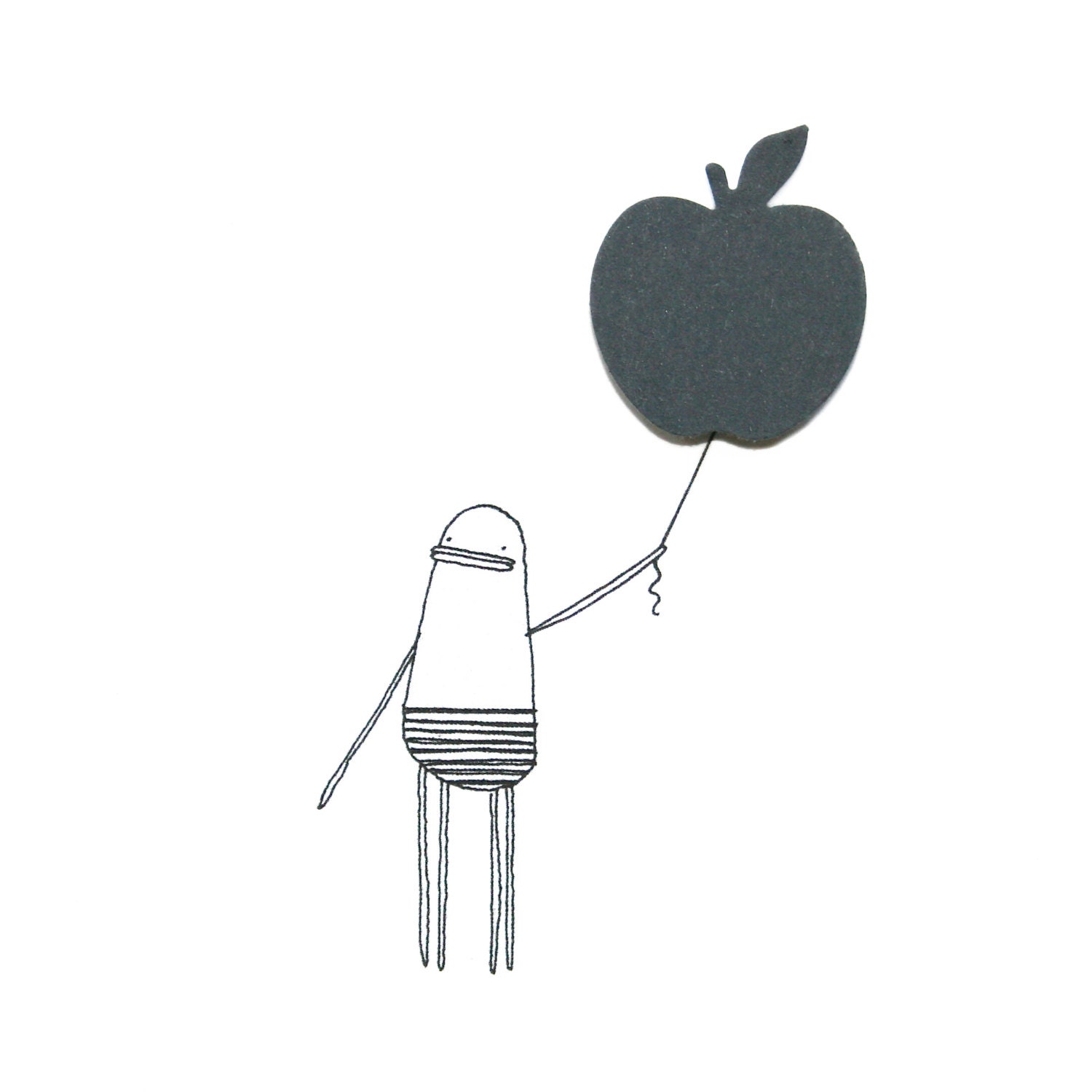 Black Apple Balloon, Cute Birthday Card, Happy Birthday, Hand-Finished, Quirky Illustration of Poosac with Grey Apple Balloon, Black, White - poosac