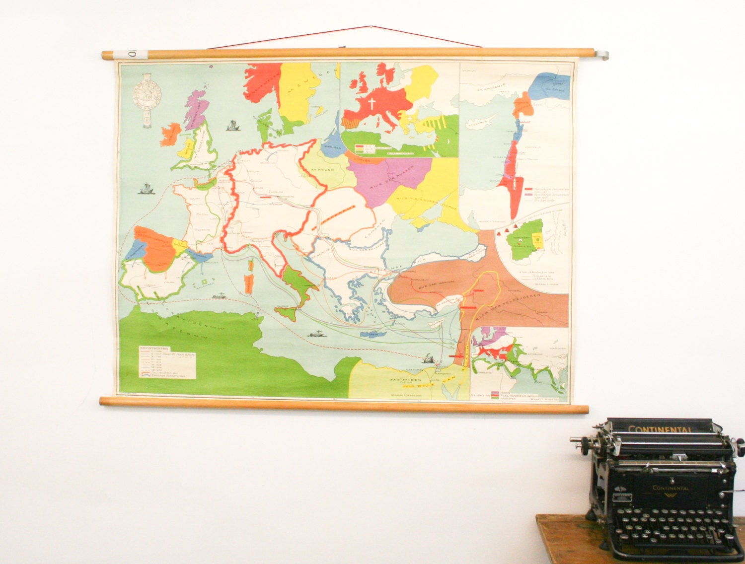 Vintage Pull Down Map, Europe Crusades, Dutch School Chart