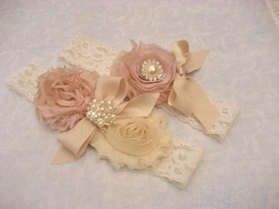 SALE - Bridal Garter Heirloom Rose Wedding Garter Set with Toss Garter Heirloom Rose and Tea Stained Ivory with Rhinestones and Pearls