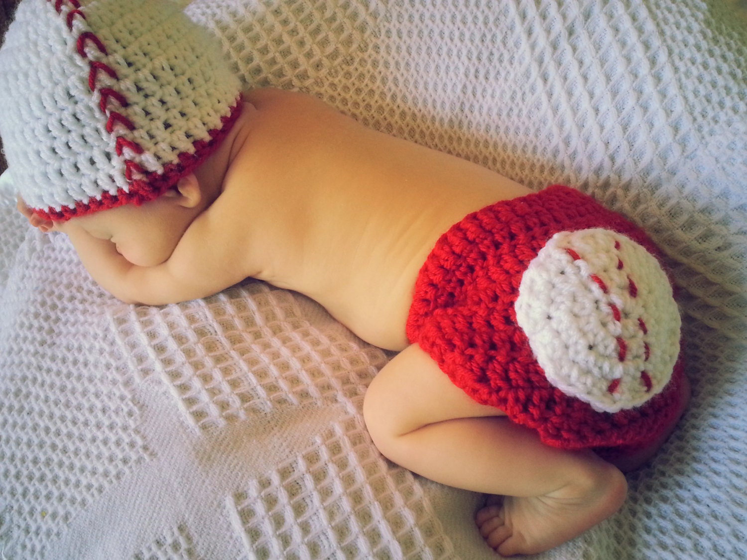 SALE Crochet Baseball Hat & Diaper Cover Set Baby Newborn Children Photo Prop