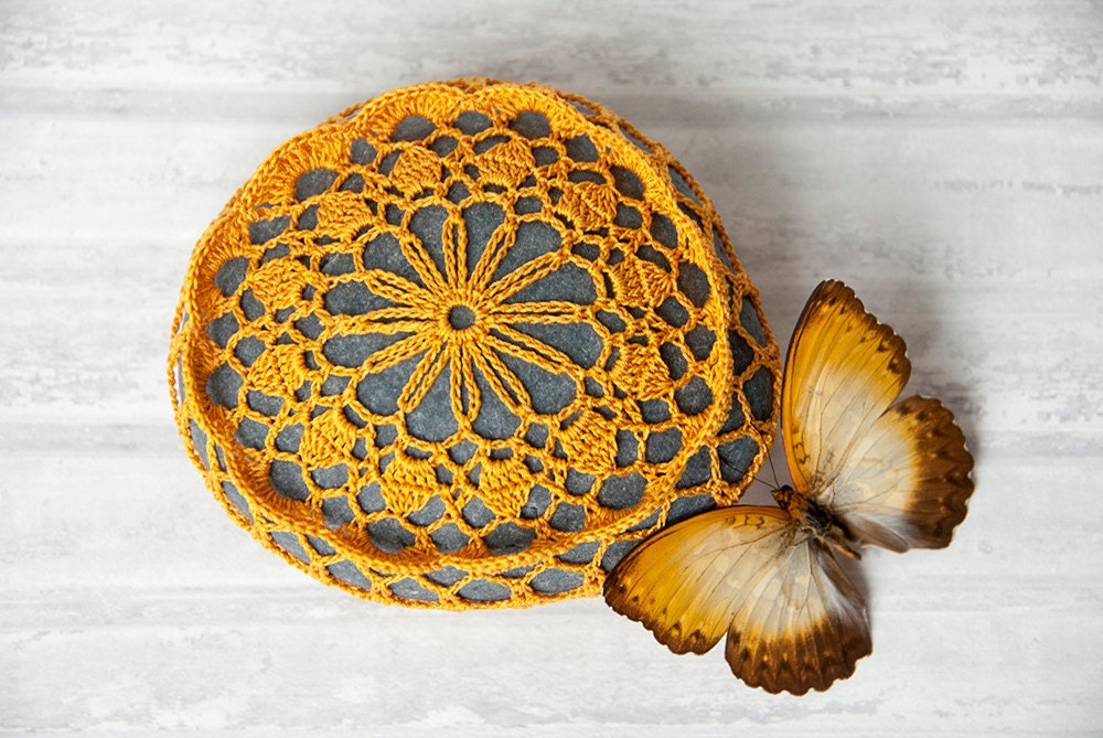 crochet mustard lace stone // rustic beach // river rock //  bowl element // art object // gift for the home // wedding decor