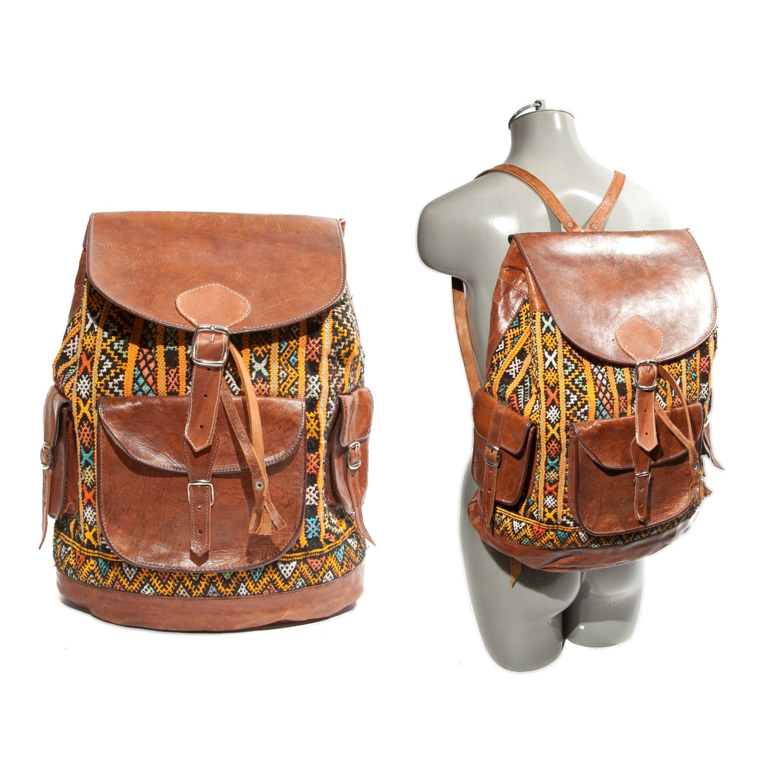 Vintage Boho Woven Textile & Brown Leather Backpack Bright Colors Ethnic Pattern