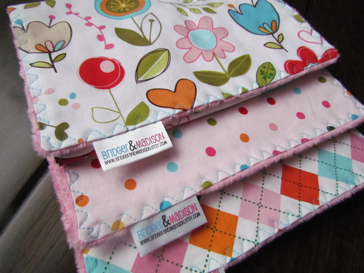 Burp Rags, Set of Three- Spring Garden with Bright Pink Minky  - READY TO SHIP