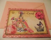 Marie Antoinette Card Adorn With Pink Rose  And Glitter Stone   4" X 5"