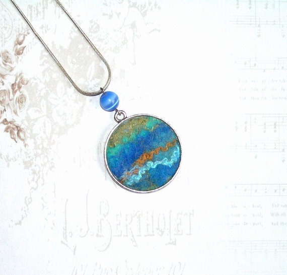 Felt Necklace Pendant Lagoon blue mint gold green silk OOAK