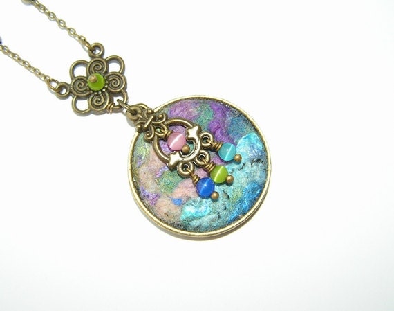 Felt Necklace Pendant purple green blue turquoise light pink OOAK