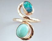 Opal & Aqua Turquoise Hammered Swirl Golden Statement Ring- Adjustable Size