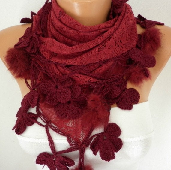 Burgundy Scarf  - Wine Scarf  - Cowl Scarf with Pompom Lace Edge - for her fatwoman