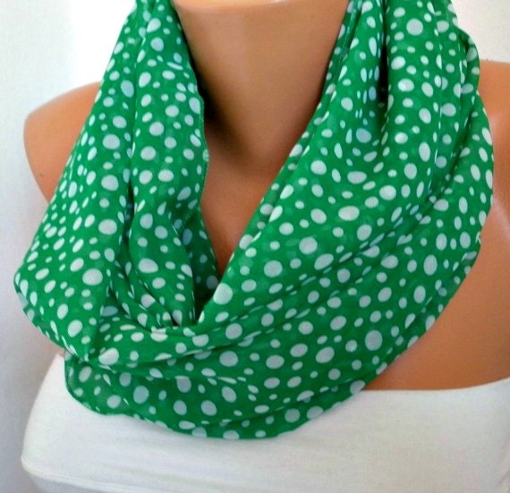 Polka Dot Infinity Scarf Shawl Circle Scarf Loop Scarf Gift - for her -- Green - White Polka Dot - fatwoman
