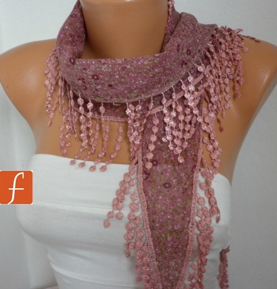 Cinnamon Scarf   Cotton Scarf  Cowl Scarf with Lace Edge  Flowers Floral Spring  Multicolor Gift  - bridesmaid gift - fatwoman
