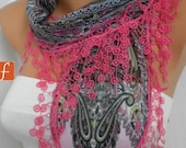 Neon  Pink Scarf  -  Cotton Scarf  -  Cowl with Lace