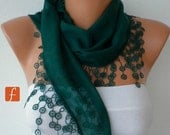Emerald Green Scarf  - Cotton  Scarf -  Cowl with Lace Edge   -