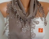 Beige Scarf  Shawl - Pashmina Scarf - Lace Edge - fatwoman - LOVE - HEART